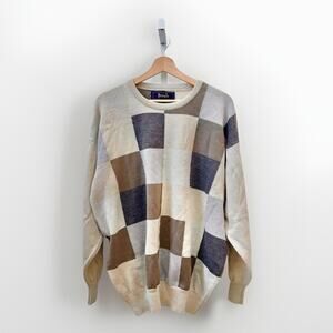 Pringle of Scotland Lambswool Sweater Mens XL Long Sleeve Check Brown Crew Neck